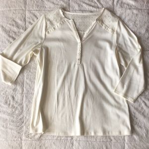 Henley Style Lace Cotton Top - Ivory